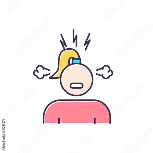 Irritability color icon. Annoyed girl. Angry woman. PMS symptom. Predmenstrual syndrome. Boiling emotion. Temper problem. Distress and rage. Displeased and resentful. Isolated vector illustration
