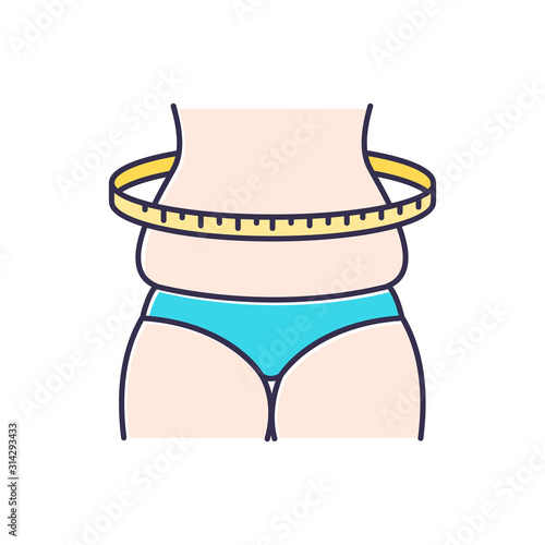 Weight change color icon. Overweight female body measurement. Cellulite on abdominal area and thighs. Obesity. Belly fat. Gain weight. Predmenstrual syndrome symptom. Isolated vector illustration