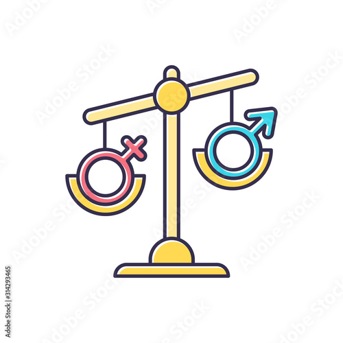 Hormone imbalance color icon. Female and male gender sign on scale. Unbalanced seesaw. Disbalance in testosterone and estrogen. Sexism and inequality. Sexology. Isolated vector illustration