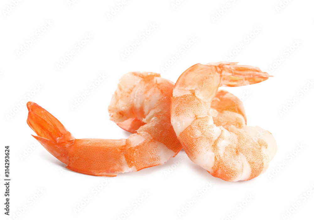 Delicious cooked peeled shrimps isolated on white Delicious cooked peeled shrimps isolated on white