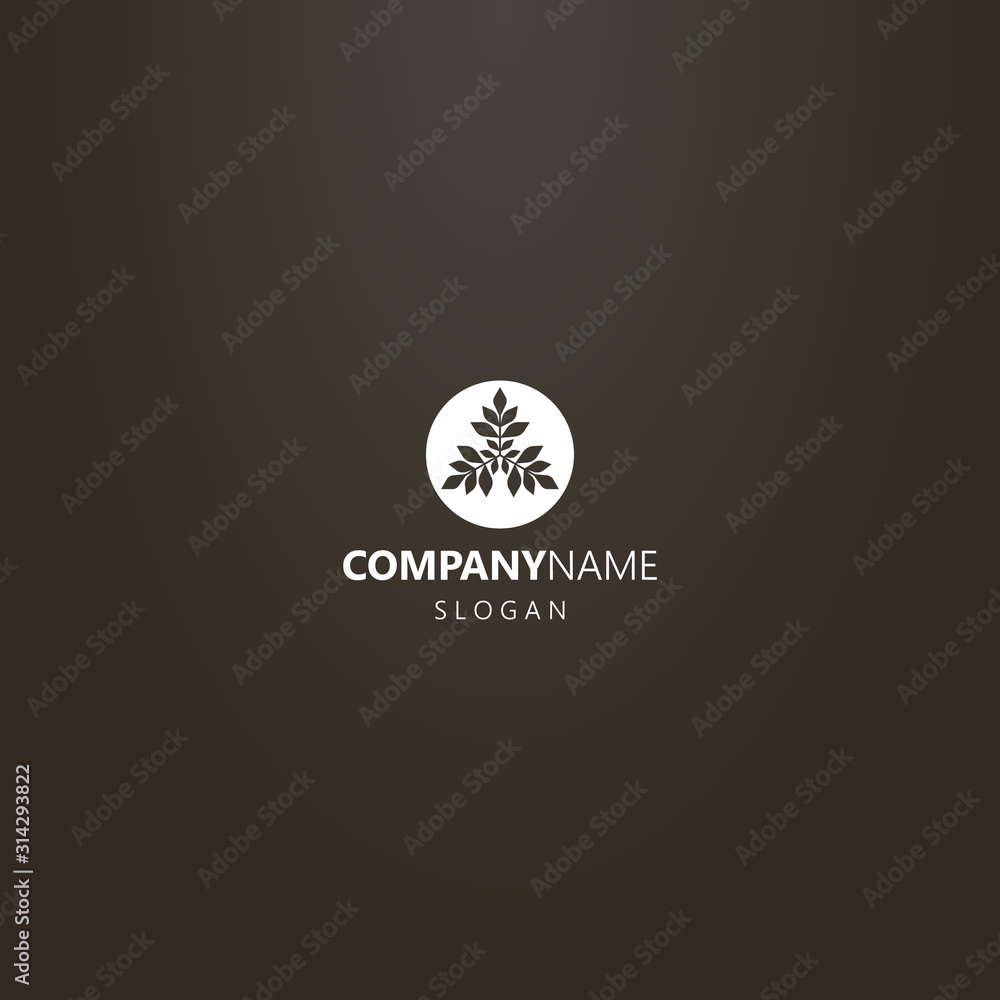 white logo on a black background. simple negative space vector round logo of three branches of a plant white logo on a black background. simple negative space vector round logo of three branches of a plant