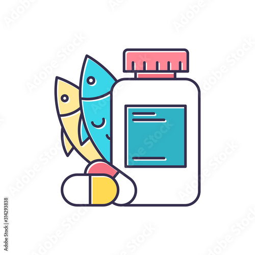 Vitamin intake color icon. Fish oil supply. Omega-3 supplement. Medication and pills. Multivitamin complex. Diet supply. Healthcare and nutrition. Pharmacy. Isolated vector illustration