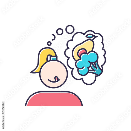 Vegetable carving color icon. Hungry for healthy food. Broccoli and avocado. Vegan girl. Nutritious diet. Appetite and hunger. Woman thinking of veggies. Isolated vector illustration