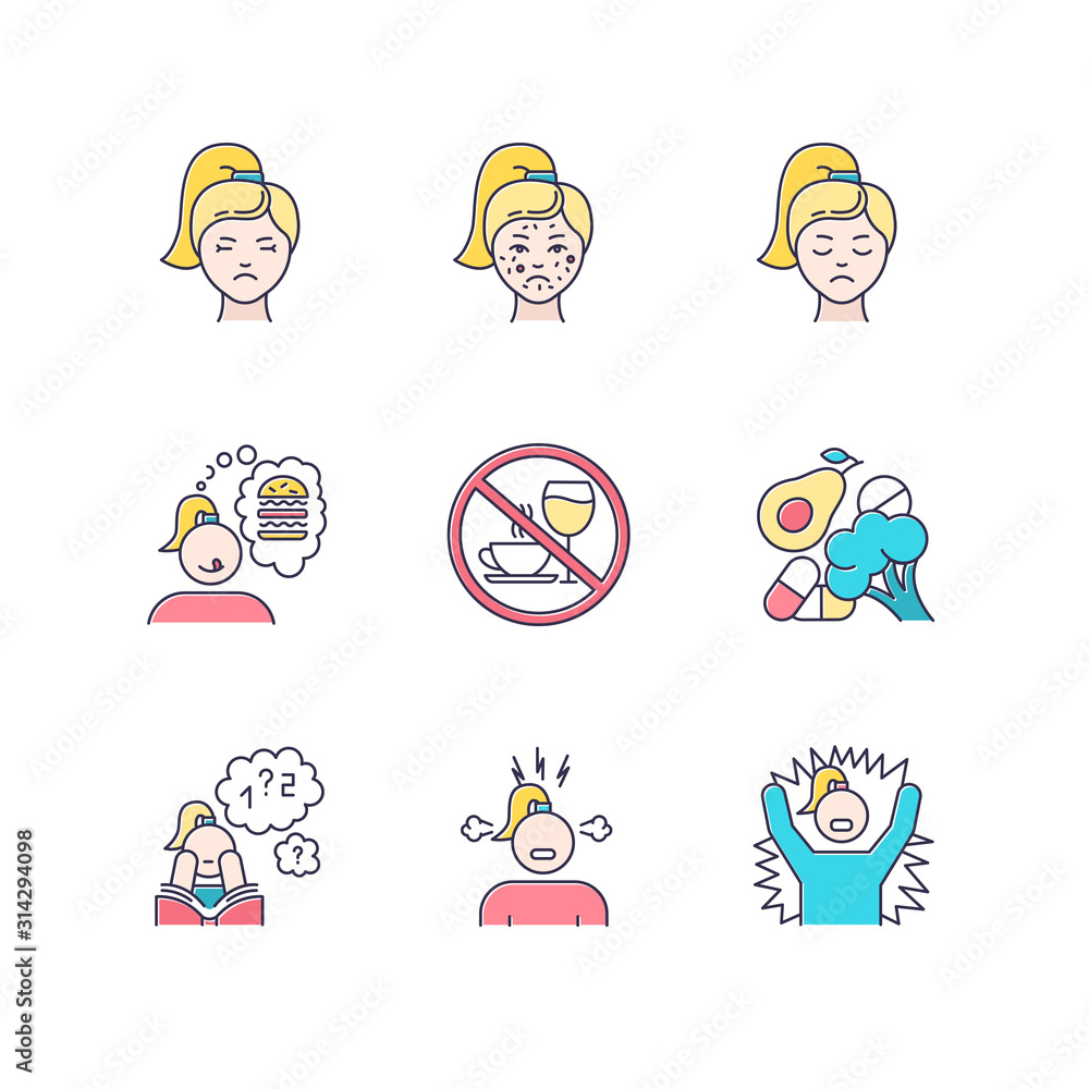 Predmenstrual syndrome color icons set. Female facial treatment. Acne and pimples. Sadness and stress. Food craving. Emotional outburst. Healthy diet. Poor concentration. Isolated vector illustrations Predmenstrual syndrome color icons set. Female facial treatment. Acne and pimples. Sadness and stress. Food craving. Emotional outburst. Healthy diet. Poor concentration. Isolated vector illustrations