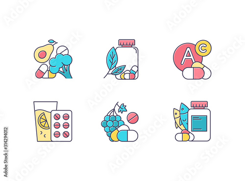 Vitamin intake color icons set. Vegetables and fruits for healthcare. Pharmaceutical aid. Diet supplement. Medication and pills. Multivitamin complex. Isolated vector illustrations