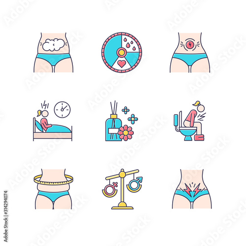 Menstrual cycle color icons set. Predmenstrual syndrome. Bloating, abdominal pain. Sleep deprivation. Aromatherapy. Diarrhea, stomach ache. Hormone imbalance. Overweight. Isolated vector illustrations