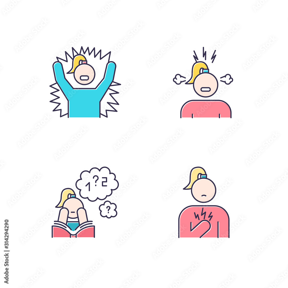 PMS symptoms color icons set. Emotional outburst. Irritability and stress. Poor concentration. Math problem solving. Chest pain. Female healthcare. Attention deficit. Isolated vector illustrations PMS symptoms color icons set. Emotional outburst. Irritability and stress. Poor concentration. Math problem solving. Chest pain. Female healthcare. Attention deficit. Isolated vector illustrations