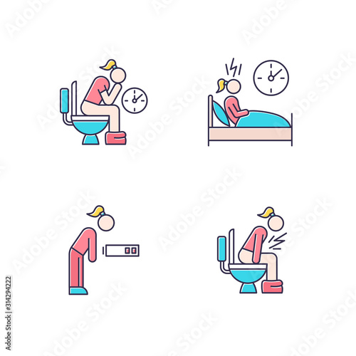 Predmenstrual syndrome color icons set. Menstruation symptoms. Constipation and stomach ache. Insomnia and sleep deprivation. Fatigue, tired girl. Diarrhea, sickness. Isolated vector illustrations