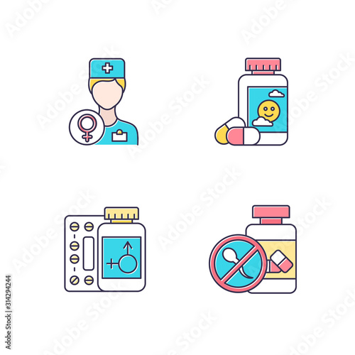 Gynecology color icons set. Female doctor consultation. Antidepressant pills. Hormone replacement therapy. Birth control. Oral contraceptive. Medication, drug. Isolated vector illustrations