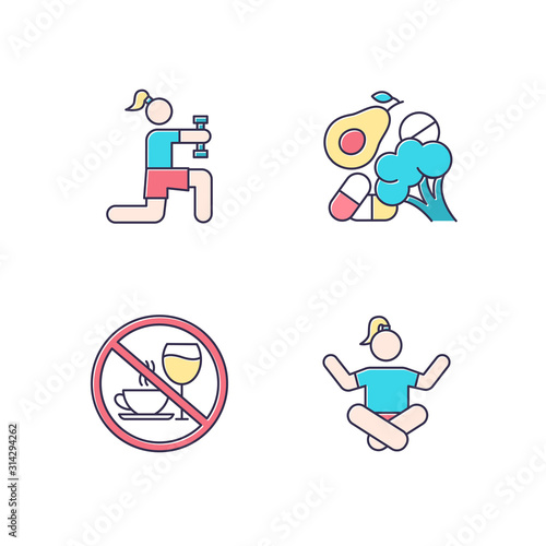 Healthcare color icons set. Physical exercise. Vitamin intake, vegetables. Alcohol and caffeine refusal. Meditation, yoga practice. Fitness and workout. Isolated vector illustrations