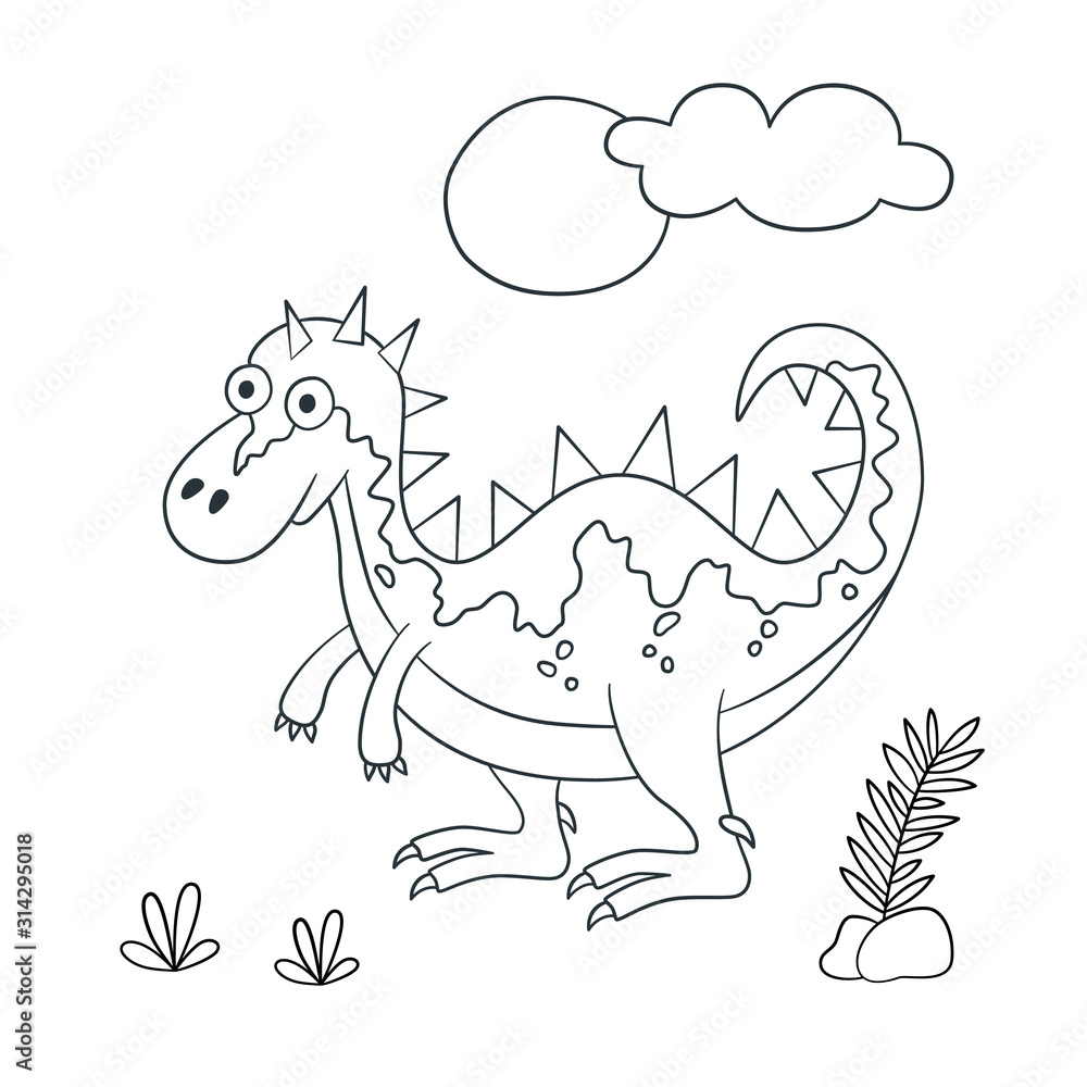 Cute dinosaur. Dino. Vector illustration in doodle and cartoon style for coloring books and prints. Hand drawn. Black and white Cute dinosaur. Dino. Vector illustration in doodle and cartoon style for coloring books and prints. Hand drawn. Black and white