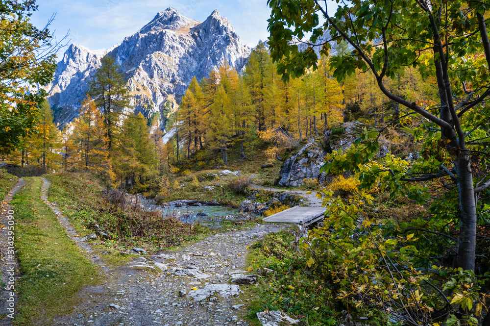 Autumn alpine stream view from mountain hiking path to Tappenkarsee, Kleinarl, Land Salzburg, Austria. Autumn alpine stream view from mountain hiking path to Tappenkarsee, Kleinarl, Land Salzburg, Austria.