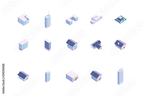 Isolated isometric white city buildings set vector design