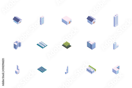Isolated isometric white city buildings set vector design