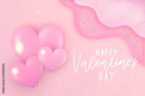Happy Valentines day pink background with gold glitter and confetti. Rose red pink wave shapes. Liquid cream, realistic 3d. Vector illustration, design concept © artnis