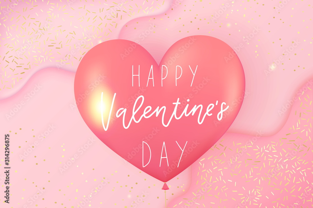 Happy Valentines day pink background with gold glitter and confetti. Rose red pink wave shapes. Liquid cream, realistic 3d. Vector illustration, design concept