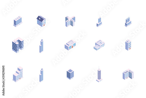 Isolated isometric white city buildings set vector design