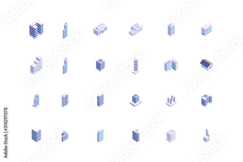 Billede på lærred Isolated isometric white city buildings set vector design