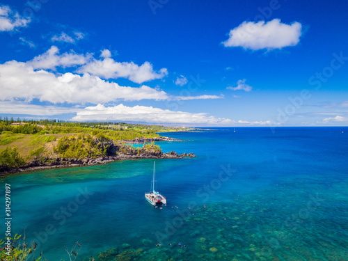 Landscape of Honolua Bay in Maui Hawaii. Honolua Bay located north of Kapalua, West Maui Hawaii, United States. Snorkeling paradise coral reefs in marine preserve.