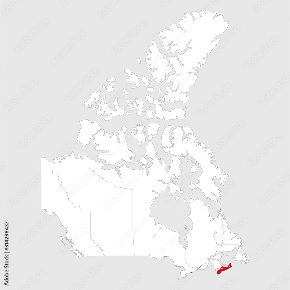 Nova scotia highlighted on canada map. Gray background. Canadian political map.