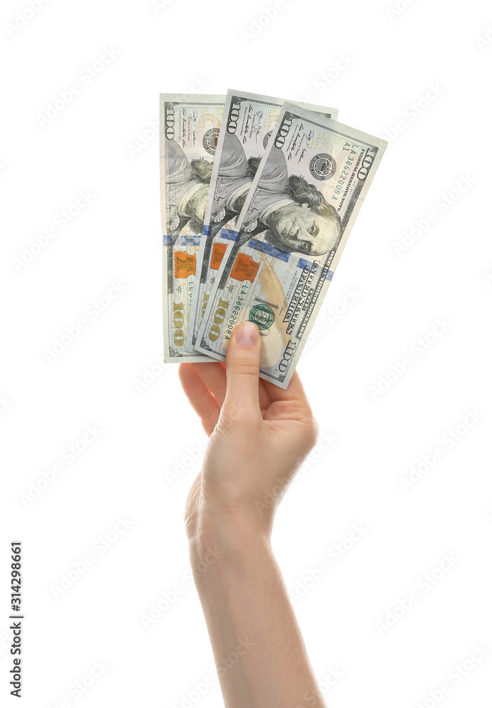 Woman with money on white background, closeup Woman with money on white background, closeup