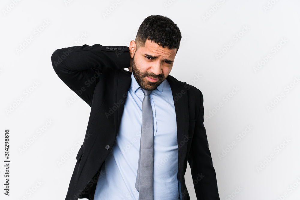 Young latin business woman against a white background isolated suffering neck pain due to sedentary lifestyle. Young latin business woman against a white background isolated suffering neck pain due to sedentary lifestyle.