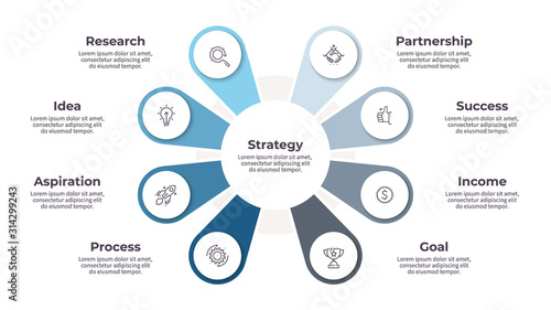 Business infographic. Organization chart with 8 options. Vector template.