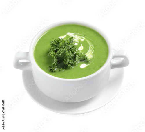 Tasty kale soup with cream isolated on white
