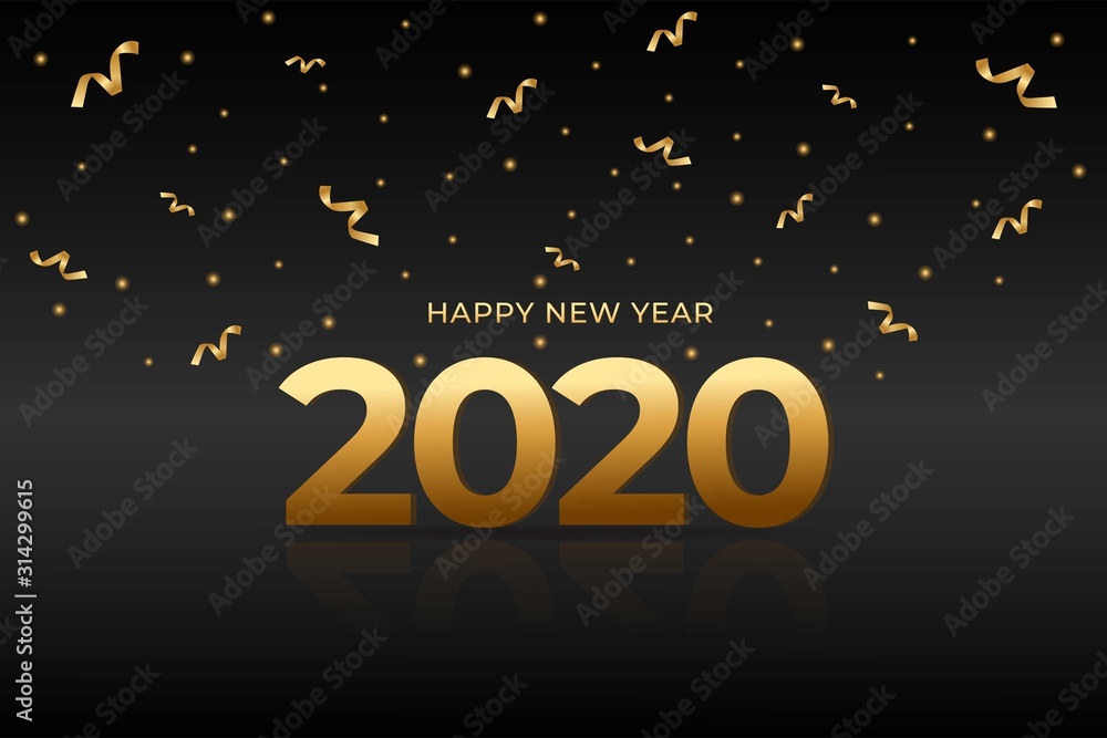 Happy New Year 2020 Greeting Design with Ribbons and Glitter Vector Illustration Background