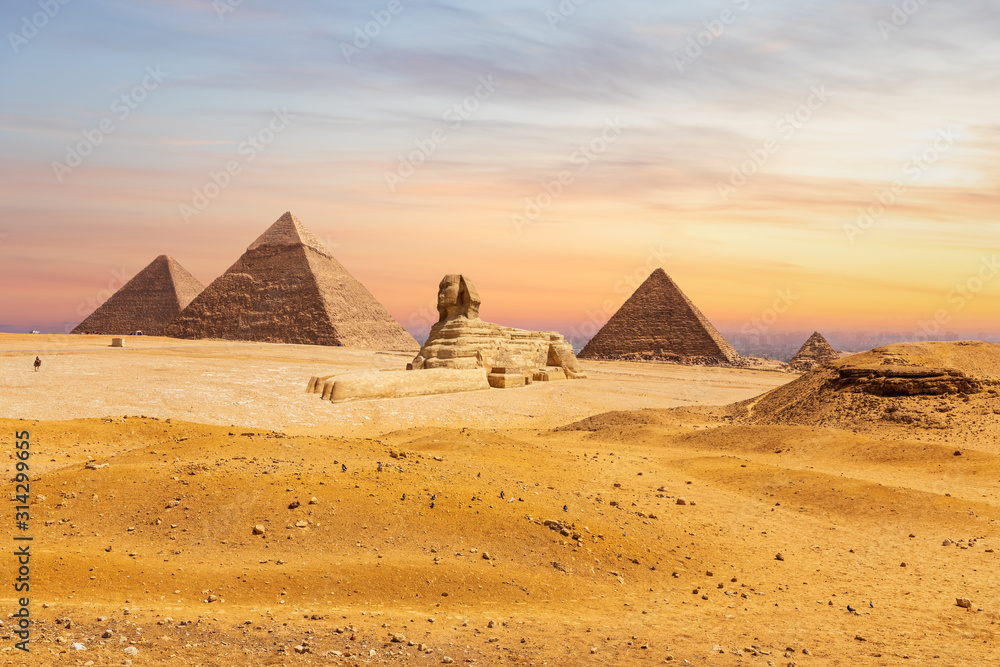 Giza desert, view on the Great Sphinx and the Pyramids, Egypt