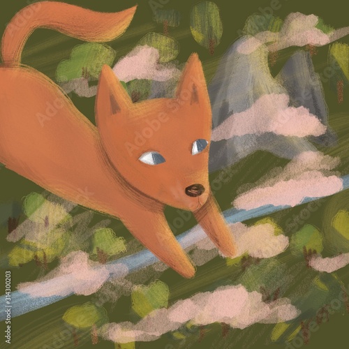 children book illustration. a little red fox flying over the magical landscape. 