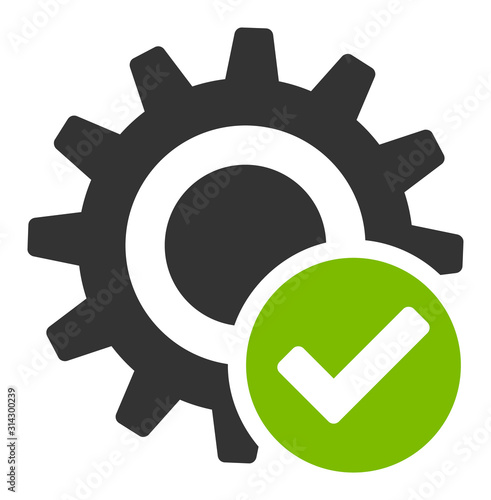 Valid settings gear vector icon. Flat Valid settings gear pictogram is isolated on a white background.