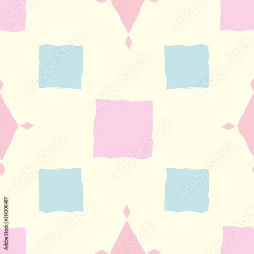 Vector pastel pink and blue squares and diamonds on light yellow background. Seamless geometric pattern. Irregular painterly effect. Great for baby, spring, spa, products, packaging, stationery