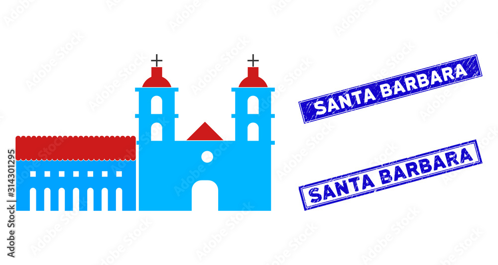 Flat vector Santa Barbara mission icon and rectangle Santa Barbara stamps. A simple illustration iconic design of Santa Barbara Mission on a white background.