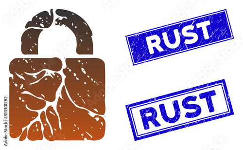 Flat vector rust lock icon and rectangular Rust rubber prints. A simple illustration iconic design of Rust Lock on a white background. Blue Rust rubber stamps with dirty textures.