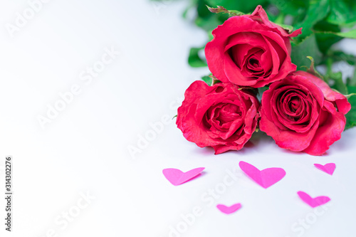 Roses and heart paper on a white background with copy space  Valentine s Day ideas  Wedding Day