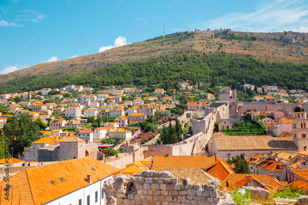 Dubrovnik old town and city walls panorama view in Croatia