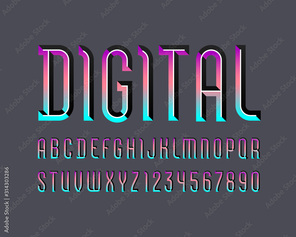 Digital alphabet of bright color, sans serif font, futuristic colored ...