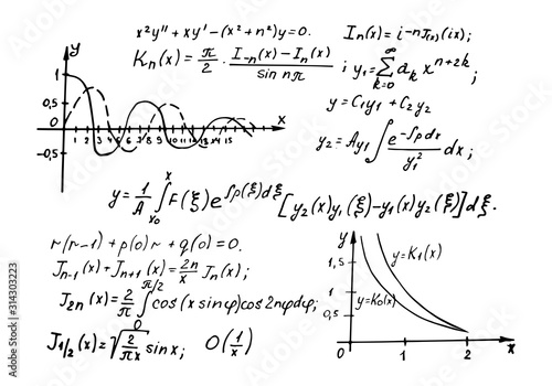 Physical and mathematical equations and formulas on a whiteboard. Vintage educational and science vector background.