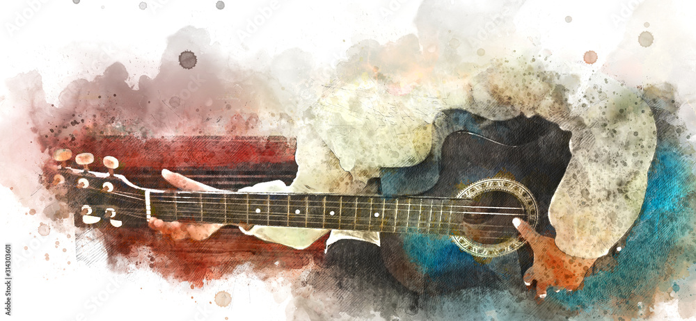 Abstract colorful playing acoustic guitar on watercolor illustraion painting background. - obrazy, fototapety, plakaty 