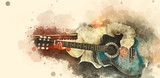 Abstract colorful playing acoustic guitar on watercolor illustraion painting background.