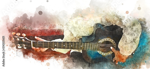 Fototapeta Naklejka Na Ścianę i Meble -  Abstract colorful playing acoustic guitar on watercolor illustraion painting background.