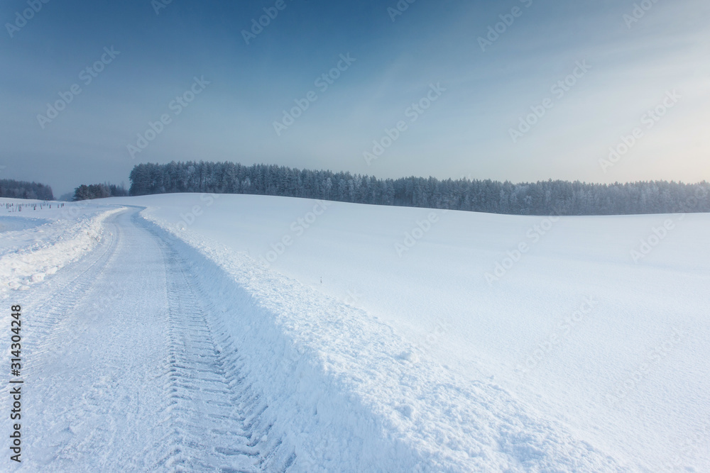 winter landscape with the road in the snow