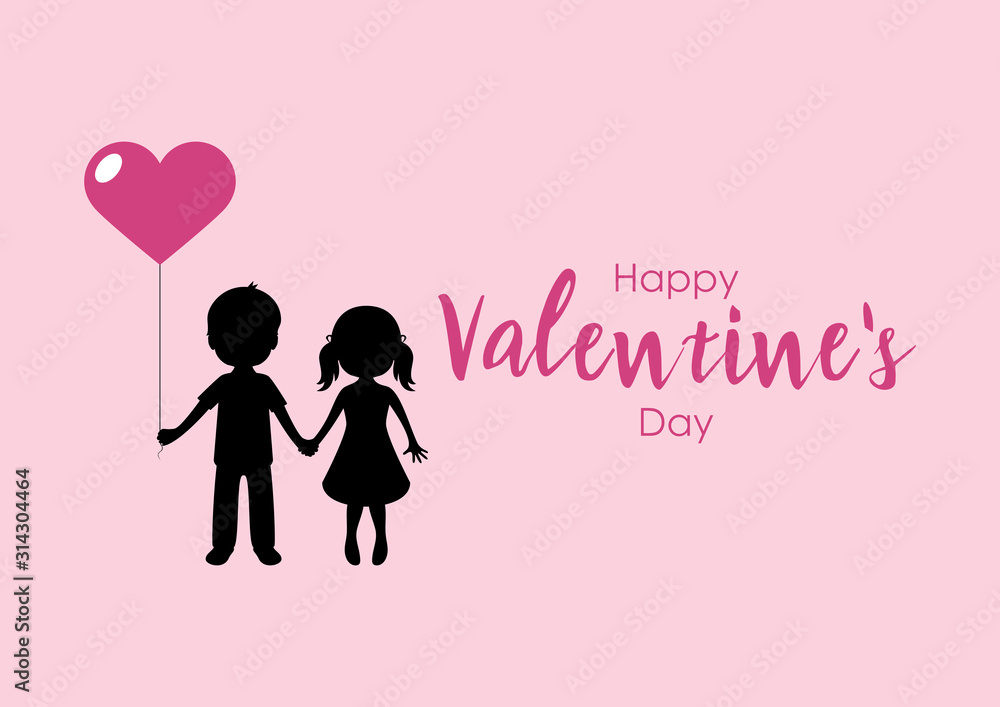 Enamored boy and girl are holding hearts balloon vector. Happy Valentine's Day vector. Girl and boy in love cartoon holding hands. Kids in love silhouette. Valentine's day greeting card Enamored boy and girl are holding hearts balloon vector. Happy Valentine's Day vector. Girl and boy in love cartoon holding hands. Kids in love silhouette. Valentine's day greeting card