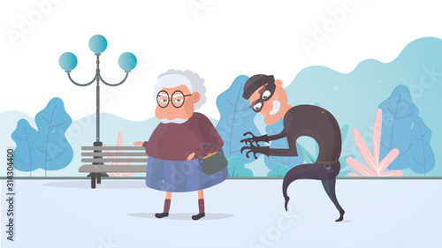 Thief and Senior Woman. The thief stole a handbag from an old woman. The concept of fraud, robbery. Robbery in the park. Cartoon flat vector illustration.