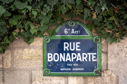 Paris Blue and Green enameled street sign Rue Bonaparte, 6th Arrondissement against a brick and Ivy covered background