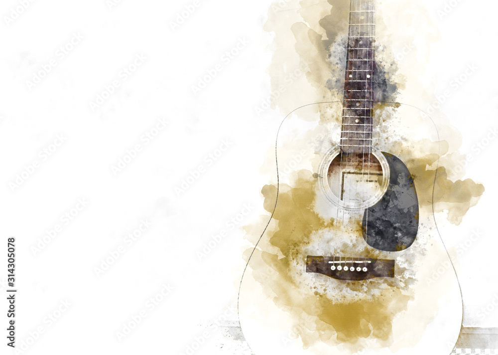 Fototapeta Abstrakcjonistyczna kolorowa gitara akustyczna w przedpolu na akwarela obrazu ilustracyjnym tle.