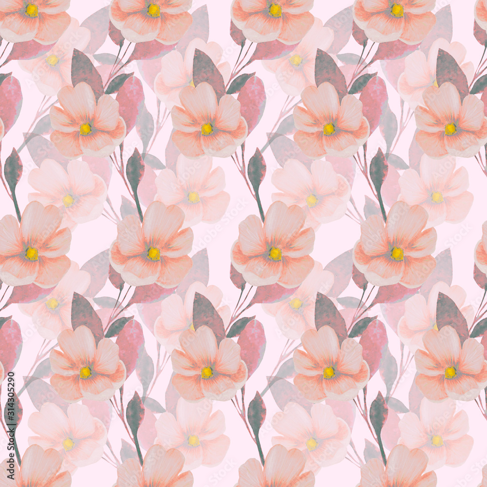 Watercolor flowers on pastel pink background seamless pattern.Pattern for fabric,invitations, wrapping paper, cards and other materials. Elegant botanical ornament. Watercolor flowers on pastel pink background seamless pattern.Pattern for fabric,invitations, wrapping paper, cards and other materials. Elegant botanical ornament.