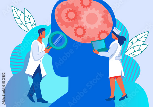 Mental health day banner template with doctors characters, flat vector illustration. Psychological and psychiatric medical support, stress relief, mind problems and disorder professional treatment.