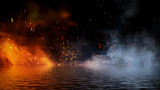 Perfect fire particles embers on background . Smoke fog misty texture overlays on reflection with water. Stock illustration.